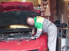 These couple of men are looking forward to fixing the car when the hawt young teen walks into the garage and all of sudden instead of fixing the car they want to fit their cocks into the tight pussy of this teen. She is specially attracted to the bald guy as she walks off hand in hand to fuck them.