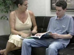 Busty mom in glasses gives handy to legal age teenager guy